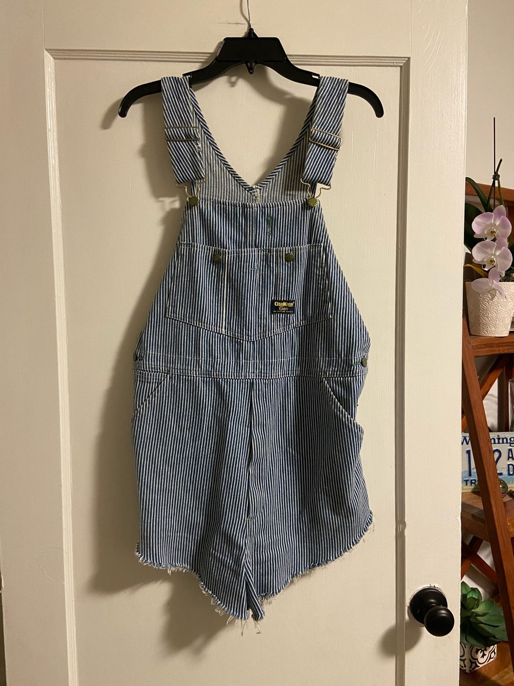 Vintage 90s OshKosh Vestbak Hickory Stripe Shortalls Cut-Off Raw Hem Size 34
